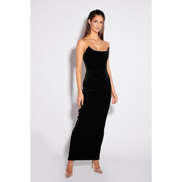 NWT Effie Kats Koi Black Velvet Staples Fitted Evening Gown Gala W/ Back Slit L - Picture 1 of 10